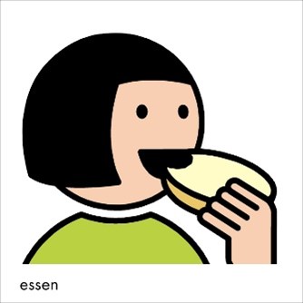 Illustration einer Person, die eine Brötchenhälfte isst.